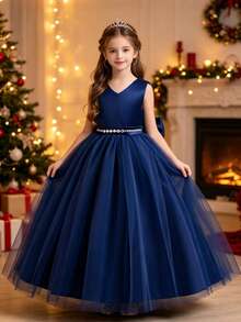 Vestido largo sin mangas de princesa con gran moño para niñas, adecuado para cumpleaños, pasarela, boda, fiesta, actuación (consulte la tabla de tallas en los detalles del producto para seleccionar el tamaño) - Azul - Ver 2