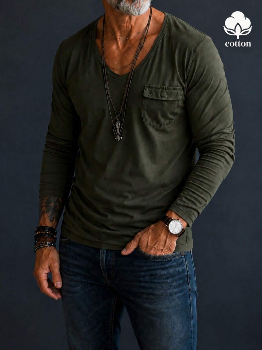 Men's Fashion Comfortable Cotton Pocket Long Sleeve T-Shirt - Green - View 1