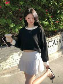 Sweater Rajut Wanita Warna Hitam dengan Kerah Putih Kontras, Potongan Longgar Pendek, Lengan Panjang Raglan, Manset Bergaris, Pakaian Kasual Musim Gugur dan Musim Dingin - Hitam - View 5