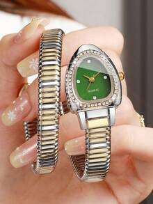 Women's Luxury Full Rhinestone Snake-Shaped Bracelet Watch, Elastic Alloy Band With Textured Rhinestone Dial, Fashion Quartz Wristwatch (1pc/Set) Watch Box Not Included - Multicolor - View 4