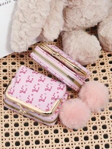 Fashionable Ladies' Pink Bow Print Can Be Split For Wallet Use, With A Pom-Pom Charm, Zipper Compartment, Suitable For Commuting And Shopping - Hot Pink - View 9