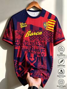 Men's Barcelona Football Jersey T-Shirt, Spanish Style Top, Suitable For Matches, Street, Parties And Daily Wear, For Men, Teens, Fans, Gift - Red - View 2