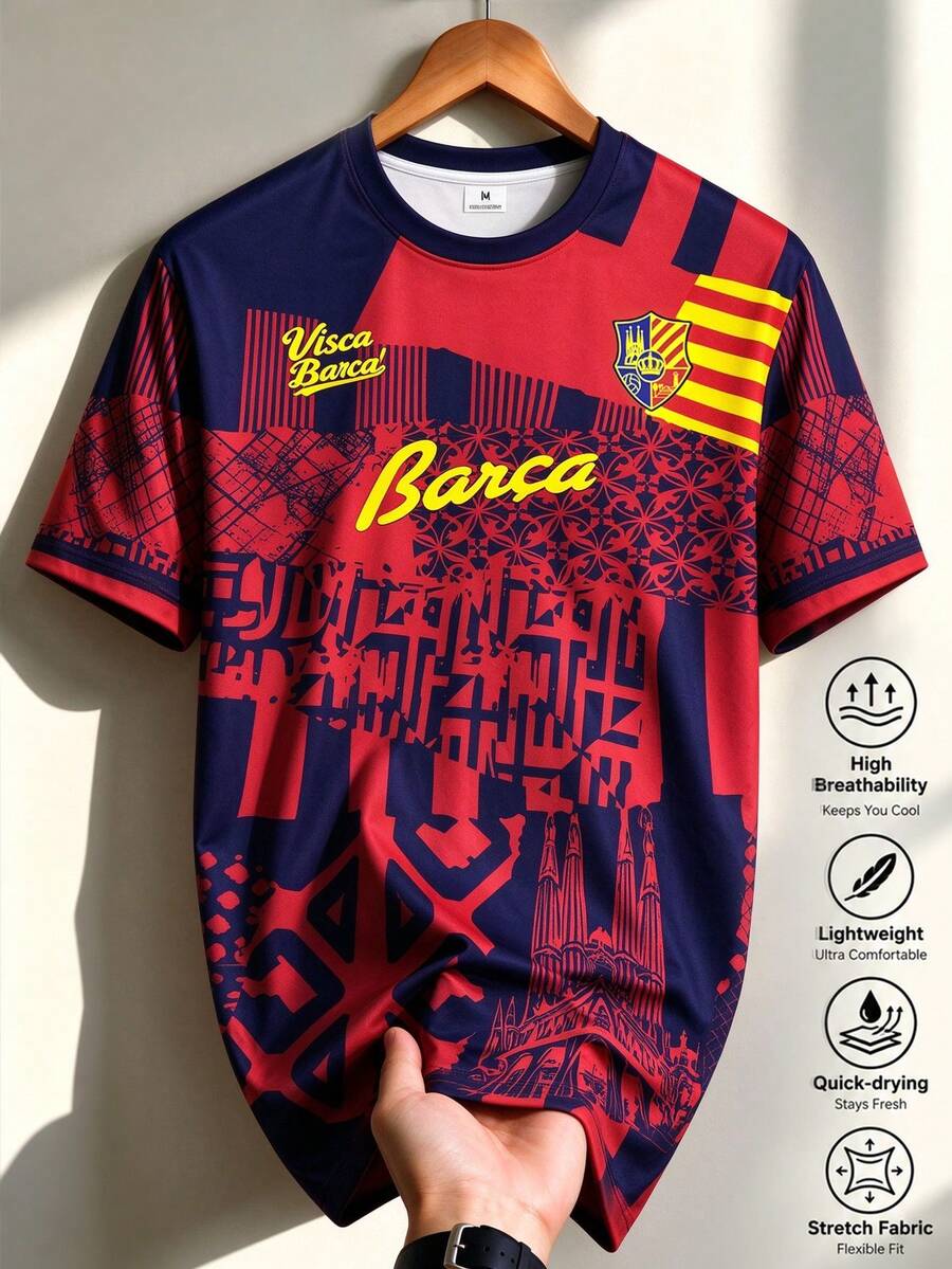 Men's Barcelona Football Jersey T-Shirt, Spanish Style Top, Suitable For Matches, Street, Parties And Daily Wear, For Men, Teens, Fans, Gift