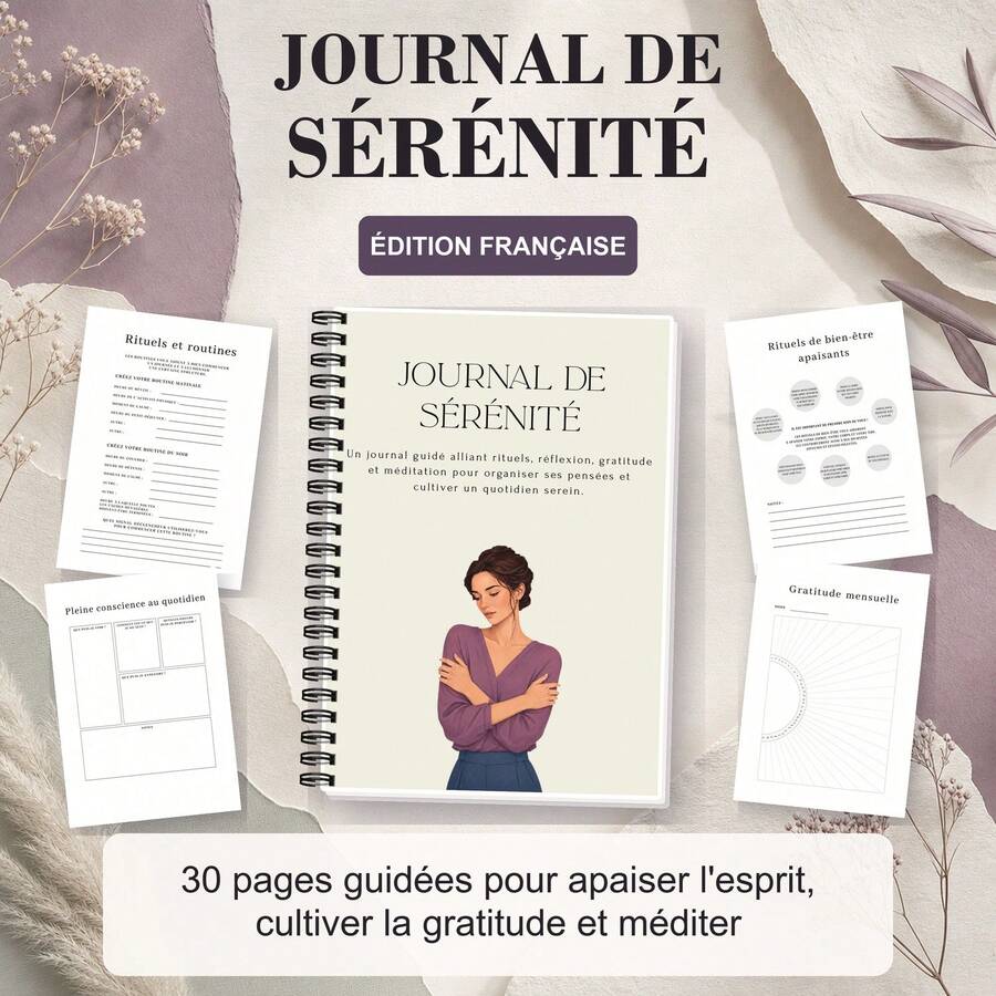 Spiral Notebooks For Daily Mindfulness In French With 30 Undated Pages For Gratitude, Self-Reflection, Meditation Tracking, Positive Affirmations, Morning And Evening Routines, A5 Beige And Purple Illustrated Cover - A5 - View 1