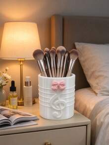 2pcs/1pc Cute Pink Bow Multipurpose Storage Cup, Treble Clef Embossed Makeup Brush Holder, White Desktop Vanity Organizer, Can Be Used As Toothbrush Holder & Pen Holder For Bathroom Desk - Multicolor - View 9