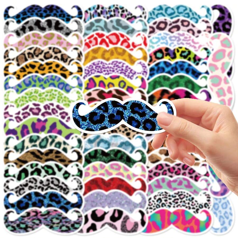 50Pcs Colorful Leopard Print Mustache Stickers, Cool Funny PVC Stickers For Laptop Water Bottle Luggage DIY Decoration - Multicolor - View 1