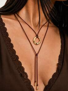 1pc Bohemian Style Brown Rope Exaggerated Asymmetrical Geometric Gold Hollow Large Metal Pendant Adjustable Necklace Lightweight Niche Long Necklace For Women - Gold - View 8