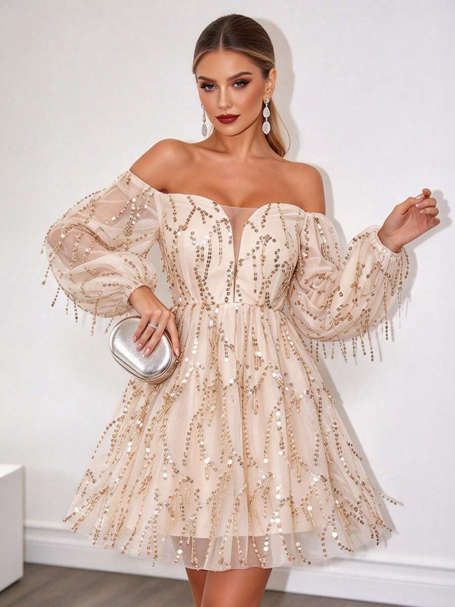 Joyfunear Women's Fringe & Sequin Off-Shoulder Long Sleeve Formal Dress, Suitable For Spring, Summer, Autumn, Winter Party Wedding - Champagne - View 1