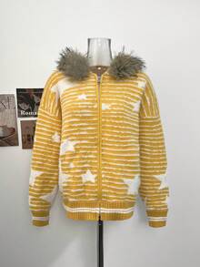 Women's American Retro Striped Star Pattern Oversized Fur Collar Hooded Cardigan Sweater, Thick Autumn/Winter Coat - Yellow - View 6