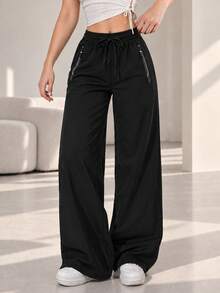 Women Black Wide Leg Sweatpants Zipper Pockets Drawstring Elastic High Waist Loose Fit Casual Athletic Lounge Pants - Black - View 11