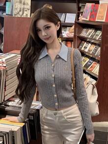 Women's Preppy Striped Collared Cable Knit Cardigan, Grey Slim Fit Short Length With Gold Buttons And Embroidered Badge, Soft Long Sleeve Sweater Top For Spring And Autumn - Gray - View 2