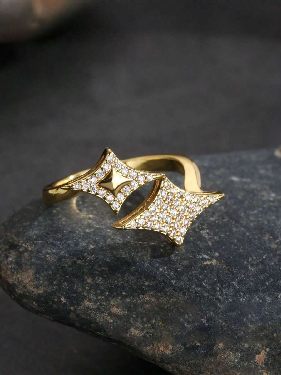 rundraw 1pc Women's Open Ring Gold Copper Inlaid CZ Rhombus Geometric ...