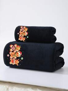 Set Handuk Applique Motif Natal 1/4 buah, Motif Manusia Kue Jahe, Handuk Bulu Karang Lembut dan Menyerap, Dekorasi Kamar Mandi Liburan, Hadiah Natal - Hitam - View 11