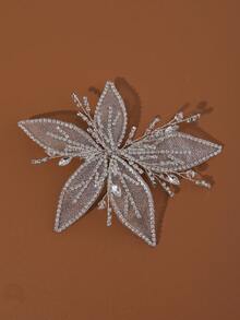1pc Handmade Embroidered Floral Rhinestone Decorated Luxurious Hair Clip, Suitable For Bride Wedding, Daily Wear, Party And Festival Elegant Hair Accessory - Silver - View 2