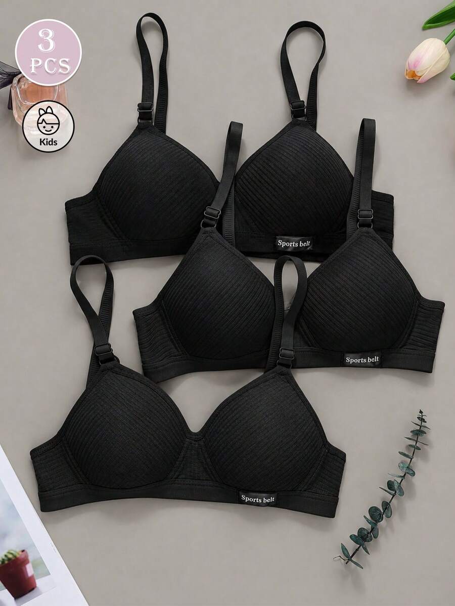 3pcs/Set Teen GirlBlack Wireless Simple Fashion Comfortable Soft Ribbed Bras, 13-16Y - Black - View 1