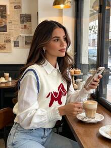 Women's Cartoon Red Horse Animal Pattern Contrast Color Dogtooth Trim Round Neck Casual Knit Vest Sweater - Apricot - View 5