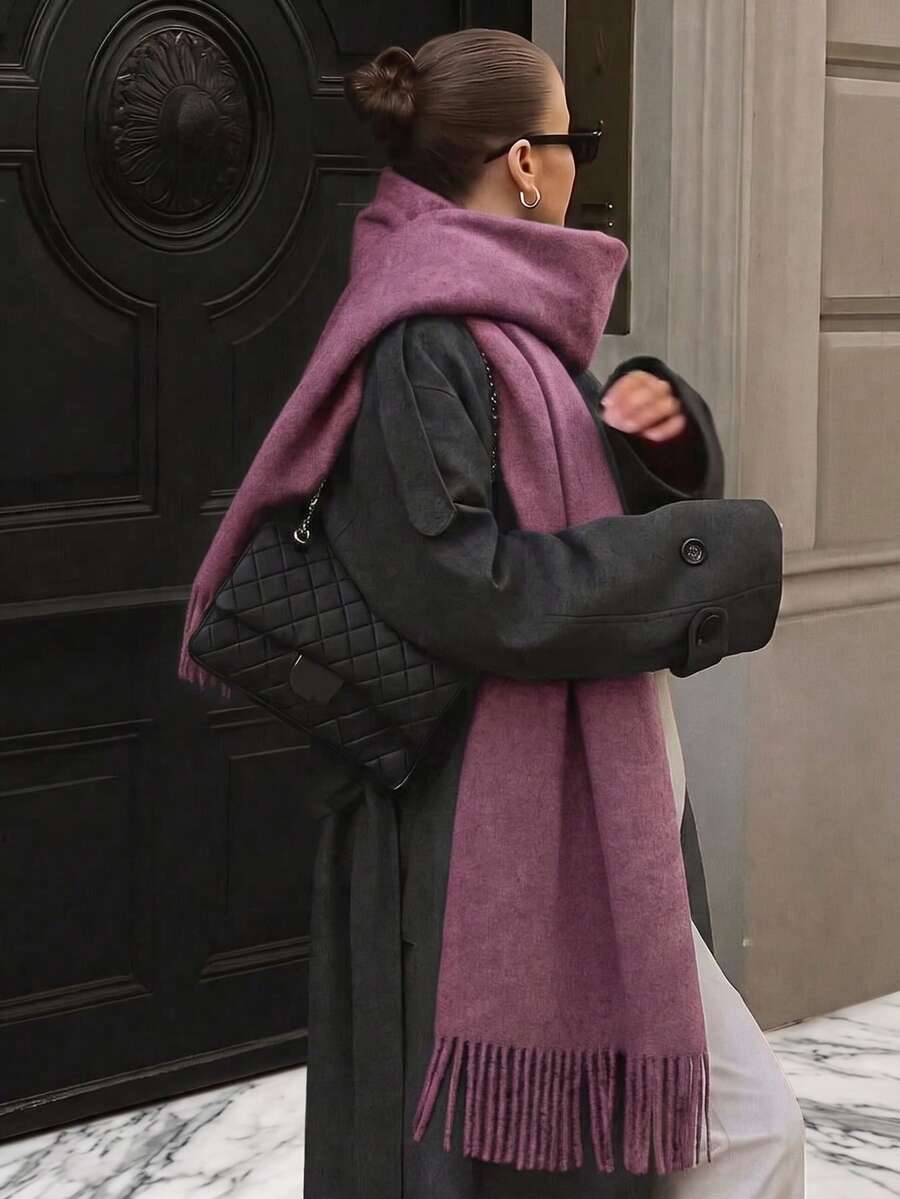 1pc 35*180cm Premium Fashion Elegant Solid Color Tassel Wool Scarf For Women, Casual Windproof Shawl For Autumn/Winter, Suitable For Daily Wear