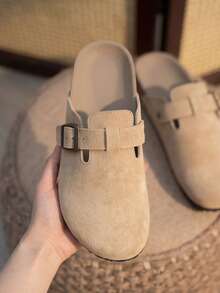 Women's Vintage Suede Adjustable Buckle Closed-Toe Half-Slip-On Casual Versatile Slouchy Mule Slippers - Khaki - View 4