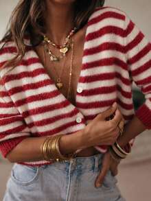 Women's Plus Size Fuzzy Knit Striped Cardigan, Comfortable Autumn/Winter Round Neck Long Sleeve Button-Front Sweater, Drop Shoulder Design, Regular Length. Red And Beige Striped Contrast Color, Full Of Vitality, Autumn/Winter Daily Wear - Red - View 6