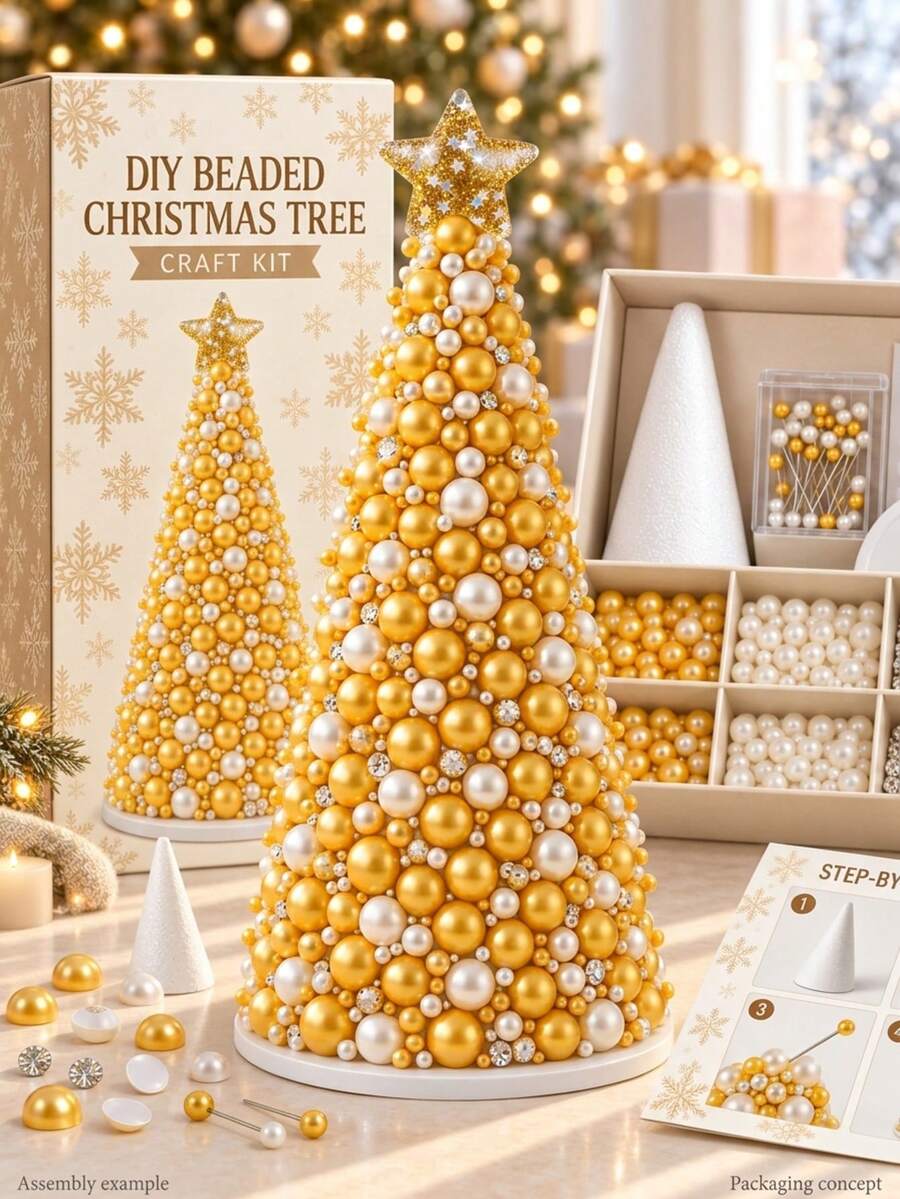 DIY Christmas Beaded Tree Kit, Pearl & Rhinestone Craft Set With Foam Cone Bases, Handmade Holiday Tree Making Supplies For Adults, Sparkling Tabletop Christmas Ornaments, Party Decor & Festive Home Decoration - Standard - View 1