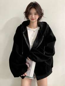 YCYC Women's Autumn/Winter Solid Color Raglan Long Sleeve Casual Loose Drawstring Fleece Sweatshirt - Black - View 5