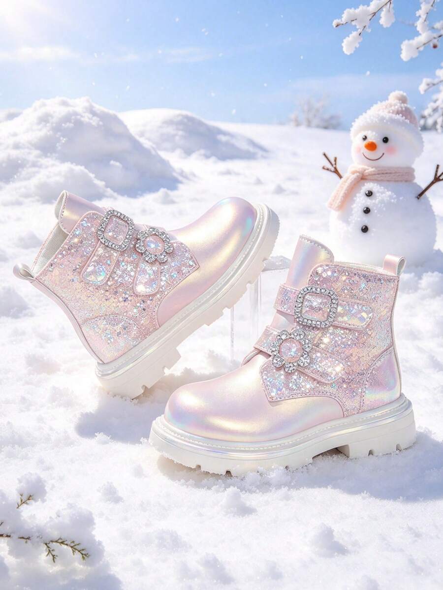 1 Pair Girls' Princess Ankle Boots, Pearlescent Glitter + Color-Changing Material, Round Toe, Elastic Soft Sole, Double Hook-And-Loop Closure, Fashionable Elegant Boots, Suitable For Festivals, Parties, School, Autumn/Winter New