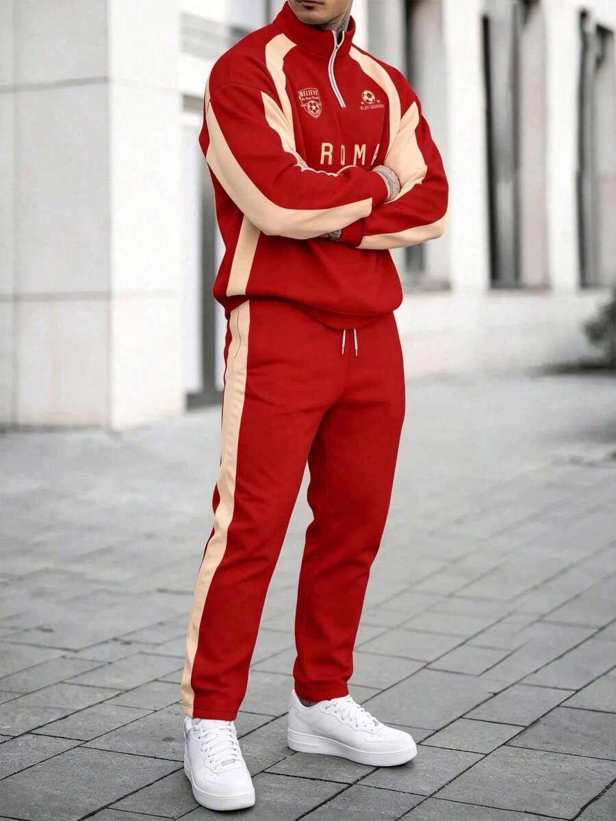 Men's Business Printed Zip-Up Sweatshirt And Long Pants Set - Red - View 1