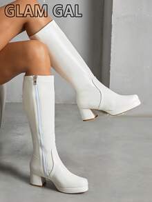 European And American Fashion Black Square Toe Side Zipper Knight High Heel Knee-High Boots, Elegant Soft Sole For Women - White - View 2