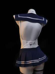 1 Set Women's Student Role Play Costume, Blue Cape With Jumpsuit Top And Skirt, Suitable For Halloween, Party Cosplay, Stage Performance - Blue and White - View 3
