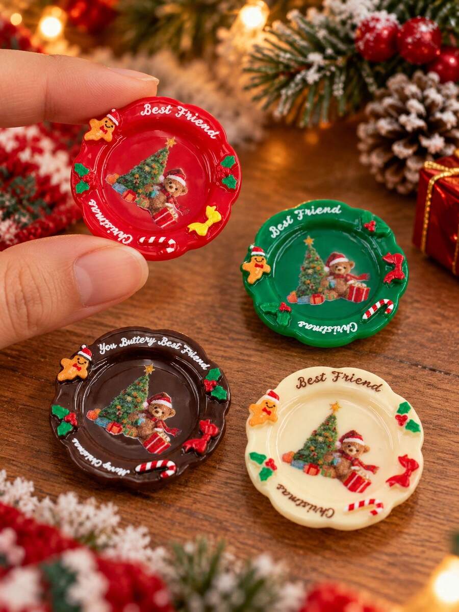 4pcs Miniature Christmas Plate Decorations, Bear Christmas Tree Candy Cane Mini Decor, DIY Craft Embellishments For Hair Clips, Pendants, Keychains, Dollhouse Table Decor & Holiday Craft Supplies, Mini-Scene Photography Decor Additions - A - View 1