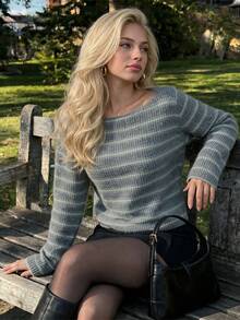 Women's Fall Grey Green Striped Knit Top, Boat Neck Drop Shoulder Ribbed Cropped Long Sleeve Casual Sweater - Multicolor - View 1