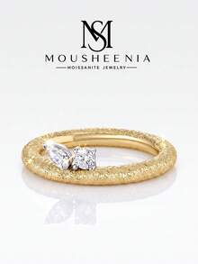 MOUSHEENIA 925純銀 Toi Et Moi 戒指，鑲嵌梨形與圓形莫桑鑽，金色爪鑲，錘紋飾面，獨特禮物 - 戒指 - 查看 14