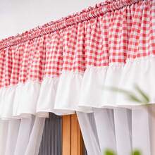 1 Set Vintage Red & White Plaid Patchwork Ruffle Valance And Sheer Curtain Set, Double Layer Translucent Sheer Half Curtain With Top Rod Pocket, Home Dining Room Bathroom Cabinet Partition Small Window Curtain, Rental Apartment Renovation Soft Decor Sheer Curtain - 1 Set - View 4