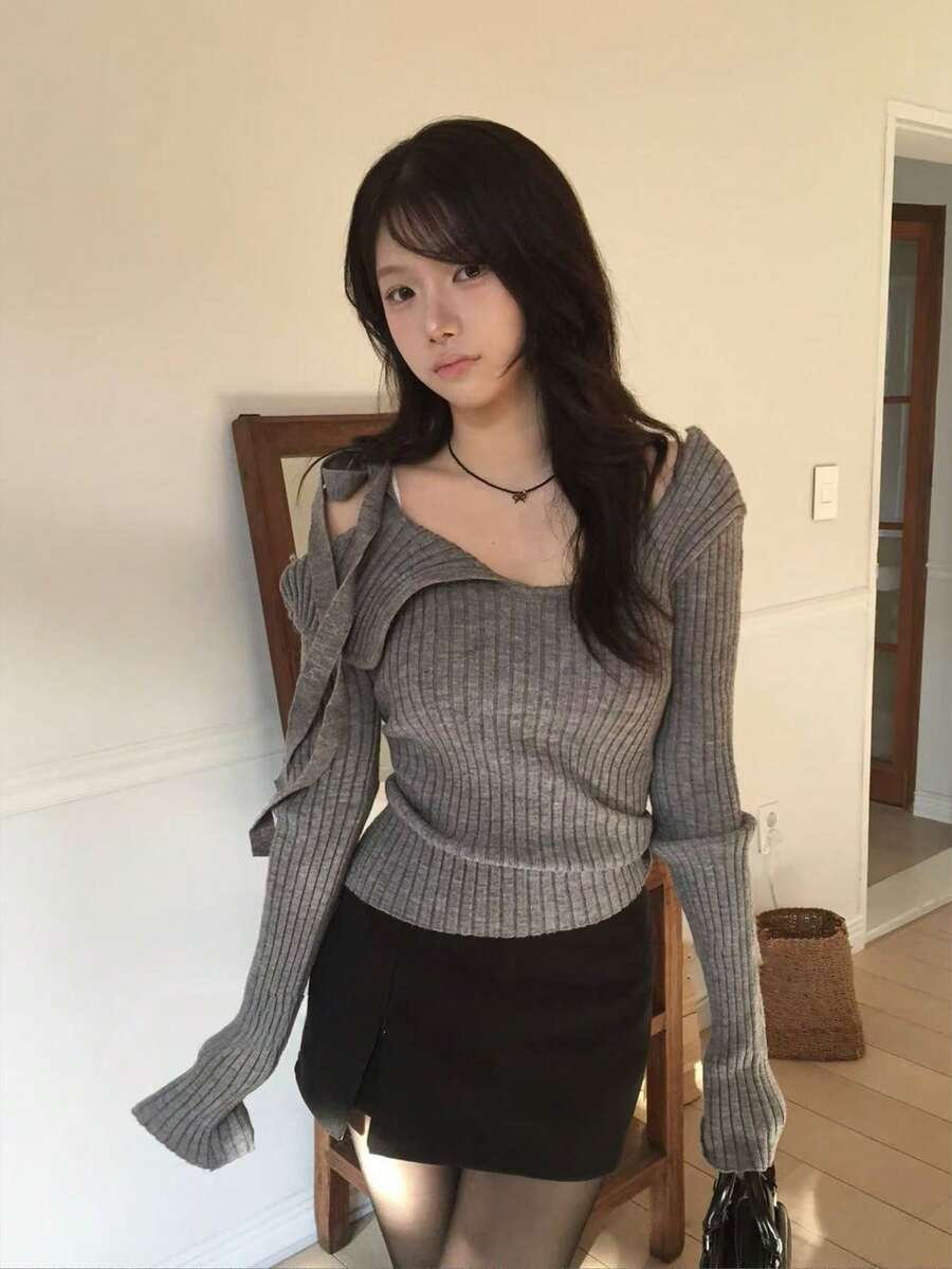 Korean Style Sexy Autumn/Winter Atmosphere Asymmetric Bowknot Tie-Up Slimming Versatile Knit Sweater - Grey - View 1