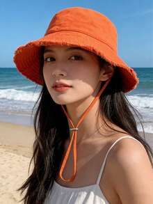 1pc Unisex Wide Brim Bucket Hat, Adjustable Chin Strap Design, Sun Protection & Windproof, Fashionable Style, Suitable For Travel, Beach, Daily Casual Wear - A - View 3