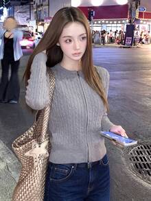 Women's Autumn/Winter Cable Knit Long Sleeve Zipper Front Casual Cardigan - Gray - View 2