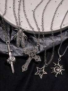 5pcs Y2K Gothic Vintage Metal Distressed Multi-Element Insect Sword Starburst Sunflower Pendant Layered Necklace Set For Men Dark Streetwear Daily Outfit - Silver - View 1