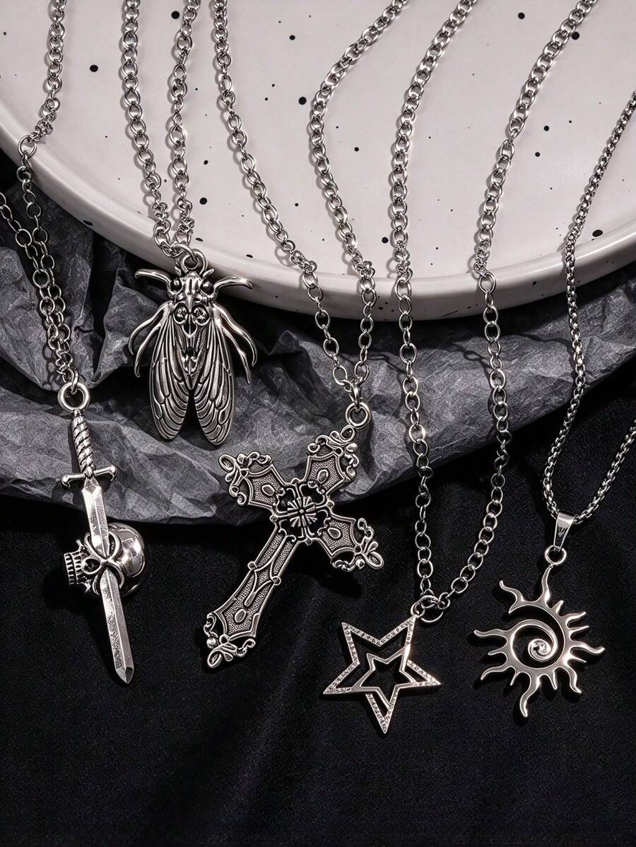 5pcs Y2K Gothic Vintage Metal Distressed Multi-Element Insect Sword Starburst Sunflower Pendant Layered Necklace Set For Men Dark Streetwear Daily Outfit - Silver - View 1