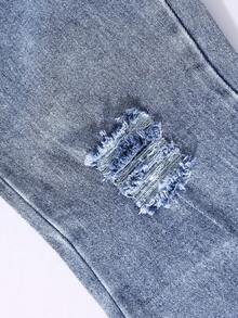 Girls' Vintage Washed Denim Jeans, Fashion Distressed Flare Leg Design, Streetwear, Campus, College Style - Blue - View 6