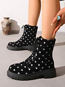 1 Pair Women's New Thick Sole Mid-Calf Boots, Autumn/Winter Retro Polka Dot Fashion Boots - Black - View 4