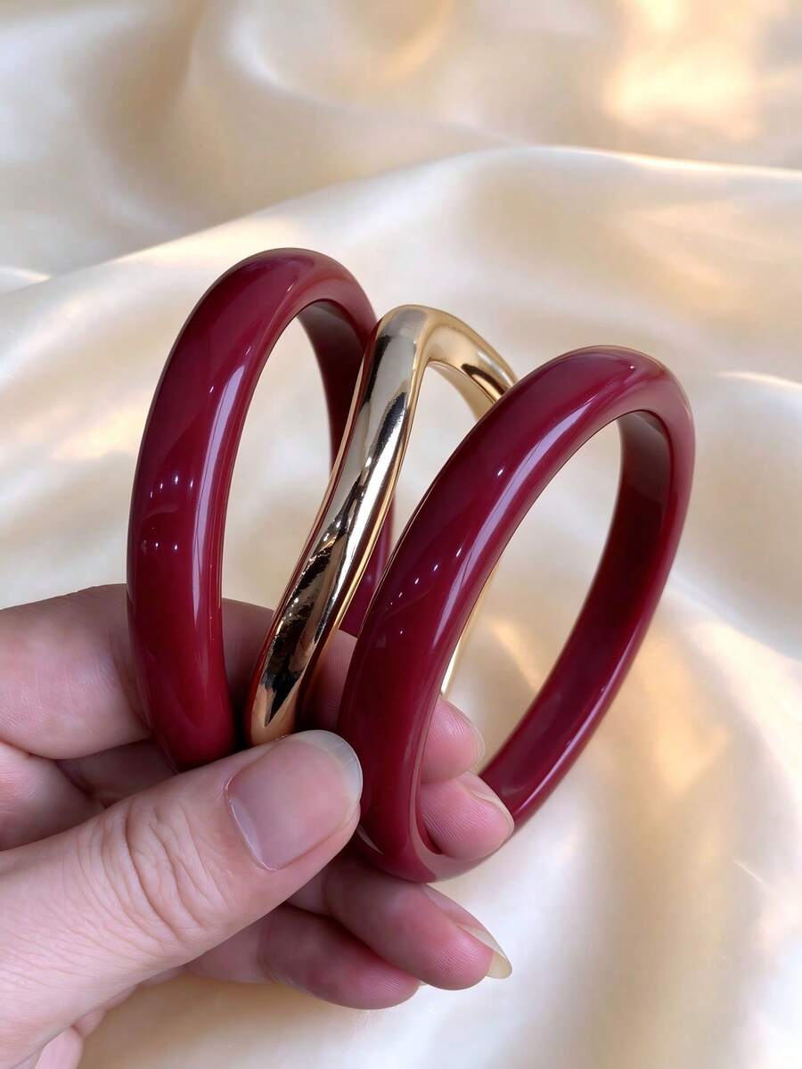 3pcs/Set Fashionable Vintage Thick Multicolor Asymmetrical Acrylic Bangle Set, Suitable For Women, Daily Wear, Gift For Friends And Family - Multicolor - View 1