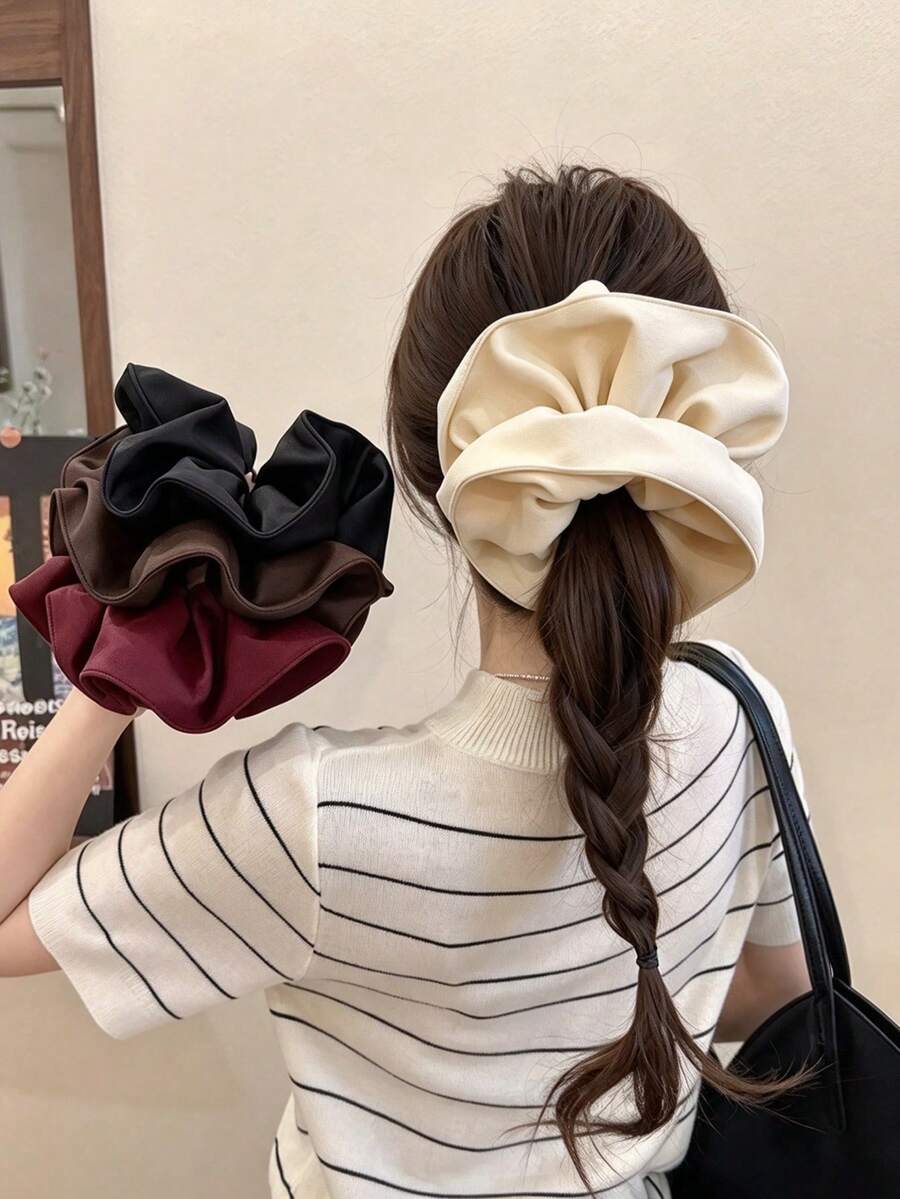 1pc Oversized French Style Scrunchie, Leather Retro Scrunchie, High-End Versatile Hair Tie For Bun And Ponytail, Autumn/Winter Hair Accessory - 1 Item - View 1