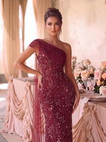 Elegant Women's Sequin Mermaid Long Dress, Asymmetrical Neckline, Long Formal Evening Gown, Suitable For Ball, Romantic And Charming Style, Perfect For Romantic Night - Burgundy - View 6