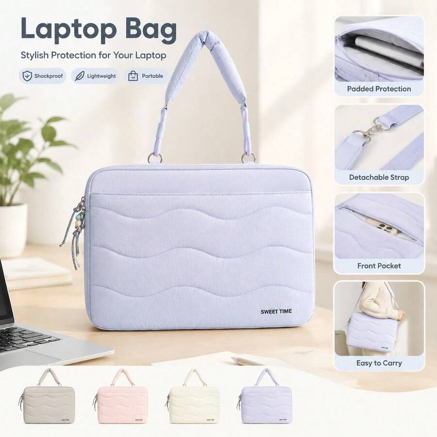Quilted Laptop Bag With Padded Shoulder Strap Zipper Briefcase Sleeve For Women - View 1