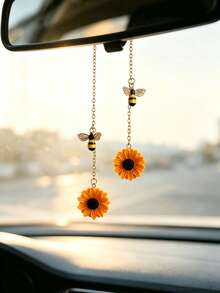 1pc Resin Sunflower Pendant With Bee Decor, Car Rearview Mirror Hanging Ornament, Car Interior Decoration Accessory, Car Decor - A - View 2
