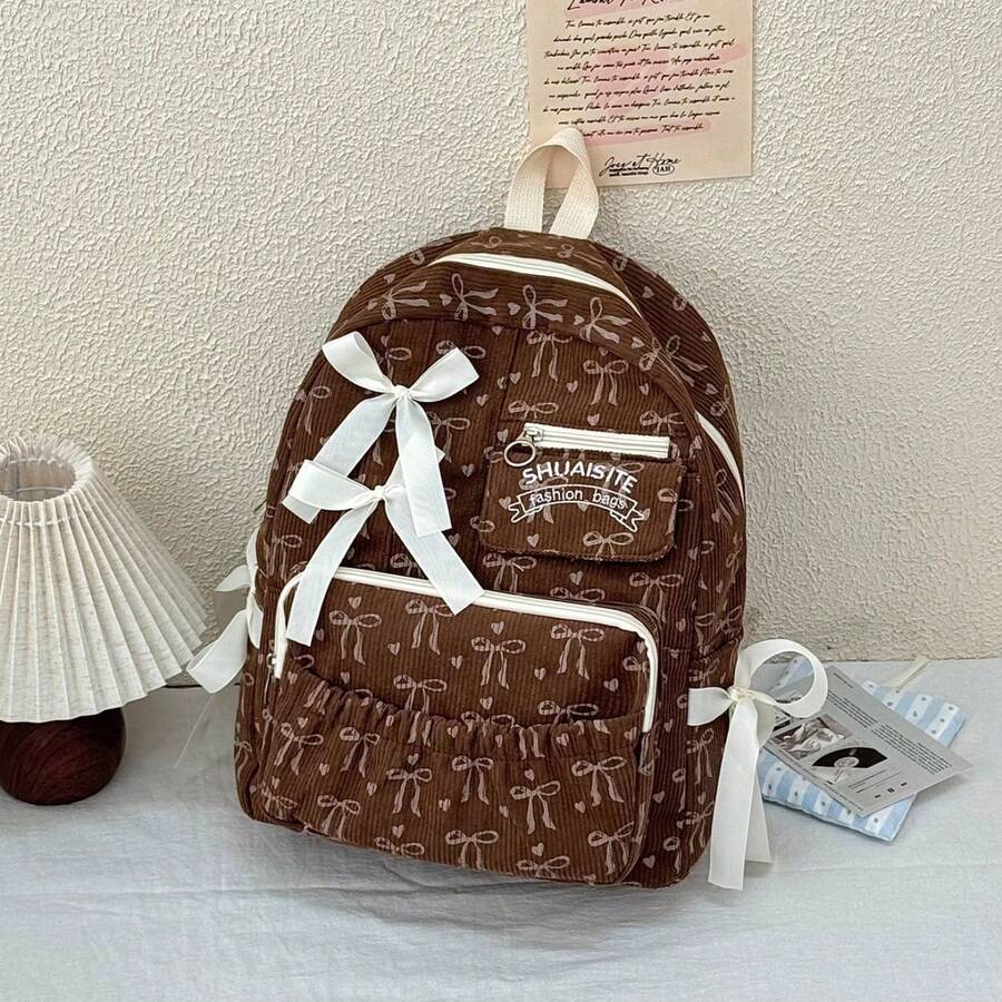 秋冬新款可愛蝴蝶結燈芯絨中性後背包,大容量輕量簡約休閒旅行包,適合各種場合 - 棕色 - 查看 1
