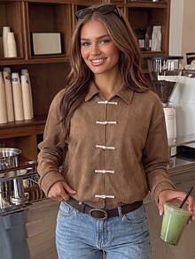 Women's Brown Long Sleeve Lapel Chinese Frog Button Jacket, Napoleon Jacket, Regular Fit Flight Jacket, Autumn Apparel, Suitable For Party & Street & Commute - Brown - View 7