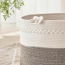 1pc Household Storage Basket For Clothes And Toys – Large Woven Basket For Laundry, Blankets, Pillows, And Toys; Suitable For Kitchen, Living Room, And Laundry Room – Portable, Foldable Rope Basket (White/Grey) - White/Brown - View 8