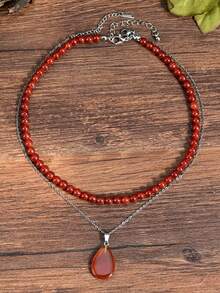 2pcs Red Agate Necklace Set Vintage Exquisite Natural Stone Beaded Teardrop Pendant Red Christmas Jewelry - Multicolor - View 2