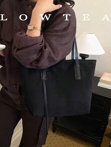 Low Tea 1件裝純色PU布料女款休閒大容量滿版圖案托特包，雙手把設計，拉鍊開合，適合旅行、購物、約會，女性禮物，適用於青少年女孩、大學生、職場新人與白領上班族，完美適配辦公室、校園、工作、商務、通勤、戶外、旅行、出遊 - 黑色 - 查看 5